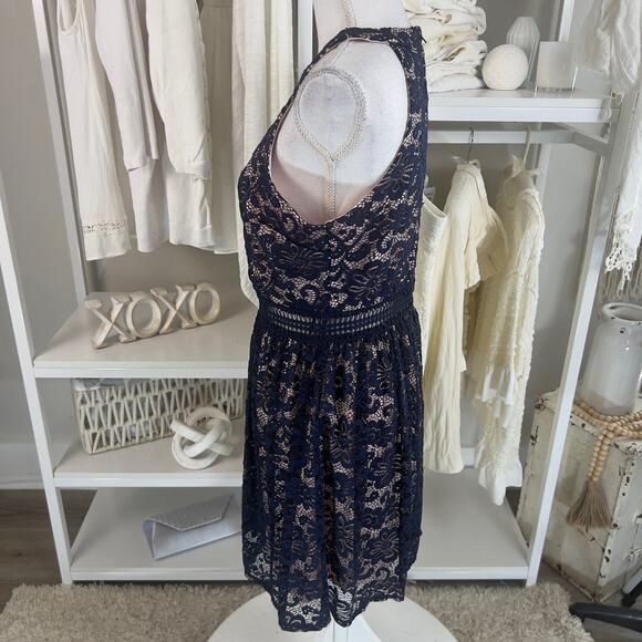 By & By size 13 navy lace over flesh tone halter style dress, Homecoming, #2672 - Picture 2 of 8
